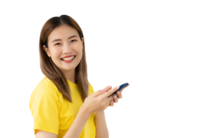Lycklig kvinna, porträtt av leende Asien flicka använder sig av mobil telefon, frilans, ut webbplats, forskning, kopia Plats, Lycklig glad söt företag, positiv energi, kvinna verkställande, attraktiv, uttryck, png
