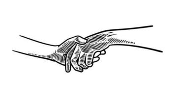 handshake engraving drawing, vintage sketch hand shake vector illustration isolated on white background.