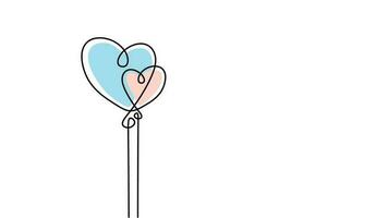 Two hearts balloon one line drawing, continuous hand drawn vector