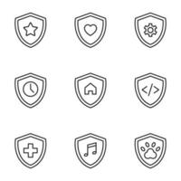 Vector outline signs and symbols drawn in flat style with black thin line. Editable strokes. Line icons of star, heart, gear, clock, house and other items inside of shield or armor