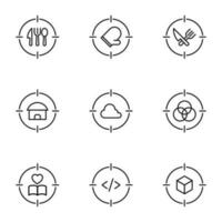 Vector outline signs and symbols drawn in flat style with black thin line. Editable strokes. Line icons of kitchen utensil, mitten, cloud, intersected circles, cube