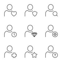 Vector outline signs and symbols drawn in flat style with black thin line. Editable strokes. Line icons of user by heart, shield, magnifying glass, star, medical cross