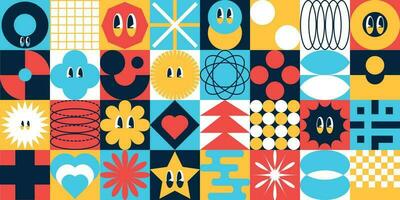 Set of stickers with naive playful abstract elements and shapes. Circle with eyes, rectangle, arched eyes in trendy 90s retro cartoon style. Vector illustration. Brutalism.