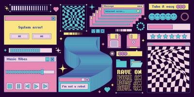 Elements of old computer aesthetics, retro pc, user interface, operating system, windows, icons, shapes, heart, smile, in 2k rave style. Nostalgic vector in 1990s style.