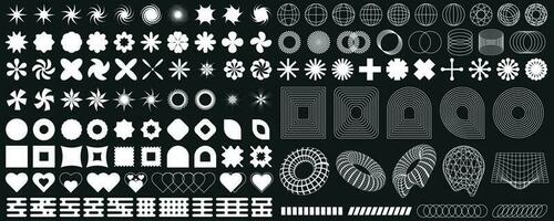 Big set of futuristic design elements in retro style. Collection of abstract graphic, geometric symbols and objects in 2000 style. Designs and templates for notes, posters, banners, stickers, business vector