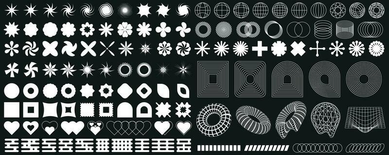 Big set of futuristic design elements in retro style. Collection of abstract graphic, geometric symbols and objects in 2000 style. Designs and templates for notes, posters, banners, stickers, business