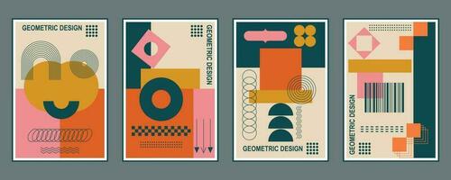 Set of minimalist 20s geometric design posters with primitive shapes, circles, stars, shapes. Vector illustration.