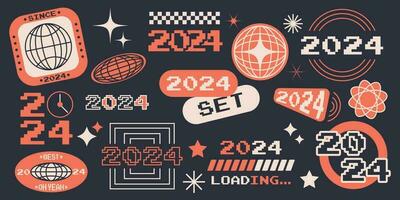 2024 decoration sticker design set. Happy New Year 2024 logo text design. Christmas collection 2024 Happy New Year. Design for stickers, collages, diaries, print, web design. vector