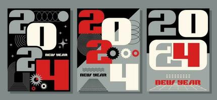 Retro futuristic Happy New Year 2024 posters. Bold, modern shapes for poster templates, flyers, social media, graphics. brutalist designer of the year 2024. Vector illustration.