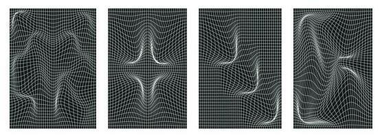 Set of geometry wireframe mesh backgrounds in white colors on a black wireframe mesh background. Abstract posters, patterns, cyberpunk elements in trendy psychedelic style. Vector illustration.
