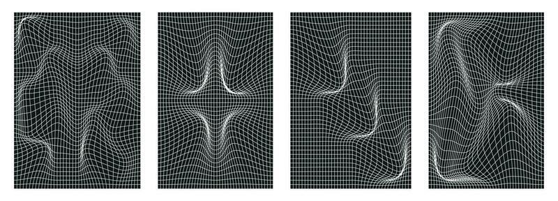 Set of geometry wireframe mesh backgrounds in white colors on a black wireframe mesh background. Abstract posters, patterns, cyberpunk elements in trendy psychedelic style. Vector illustration.