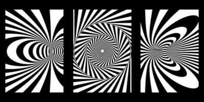 Set of distorted spiral transitions for posters, design, flyers, social networks, clothing, print. Twisted distorted Y2K style vector aesthetic. Retrowave Y2K shapes. Black and white shapes retro psyc