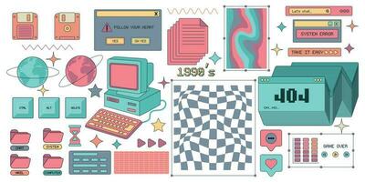 Big set of sticker elements in 1990 retro pc style. Aesthetics of an old computer. Retro PC elements, user interface. Vector illustration.