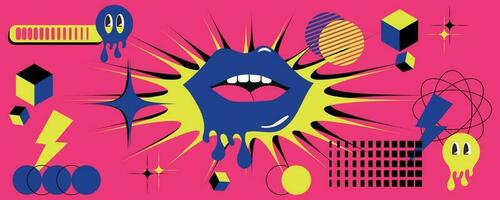 Set of psychedelic cartoon lips, geometric elements. Lips of modern character fluid texture, tongue, stars, cube, shape. Crazy vector design.