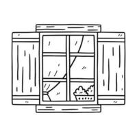 Window with open shutters and plants isolated on white background. Vector hand-drawn doodle illustration. Perfect for decorations, logo, various designs.