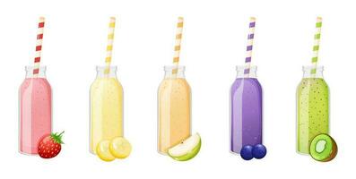 Strawberry, banana, apple, blueberry, kiwi smoothie in a glass bottle with straw. vector