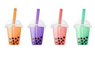 Different color bubble tea in a plastic cup set. Asian tea, soft boba drinks with tapioca. vector