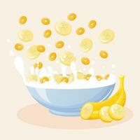 Bowl with milk, banana and corn rings. Milk splashes. Healthy breakfast. vector