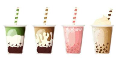 Different type of bubble tea collection. Popular asian soft boba drink. vector