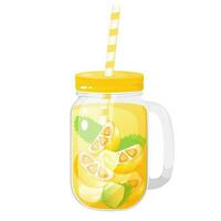 Lemonade in a glass mug with lid and straw. Refreshment summer drink. vector