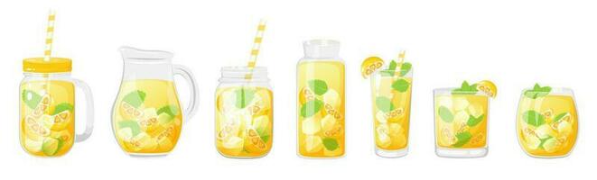 Lemonade in different glass container. Summer soft drinks with lemon and mint. vector