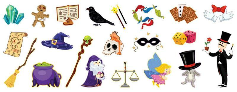 Wizard tools icons set cartoon vector. Magic wand