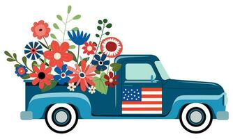 Blue american patriotic pickup truck with flowers illustration. Isolated on white background. 4th of July themed festive card design. vector