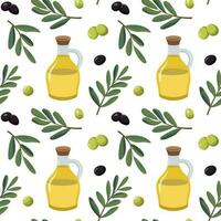 Vector seamless pattern with ripe olives and a bottle of olive oil. Isolated on white background. Design for wrapping paper, wallpaper, and backdrop.