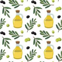 Vector seamless pattern with ripe olives and a bottle of olive oil. Isolated on white background. Design for wrapping paper, wallpaper, and backdrop.