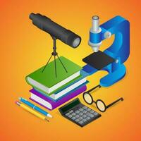 3D Education Object like as Books with Telescope, Microscope, Calculator and Eyeglasses on orange background. vector