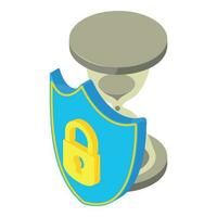 Protected crypto icon isometric vector. Shield with padlock image near hourglass vector