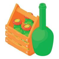 Drink delivery icon isometric vector. Beer wooden box near opened wine bottle vector