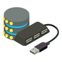 Database equipment icon isometric vector. Network database disc and usb splitter vector