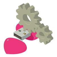 Bright device icon isometric vector. Pink portable heart shaped flash drive icon vector