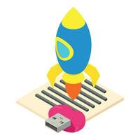 Startup concept icon isometric vector. Bright rocket document and flash drive vector