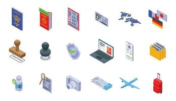 Getting a passport icons set isometric vector. Stamp paper vector