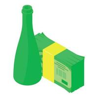 Wine sale icon isometric vector. Open wine bottle near stack of dollar banknote vector