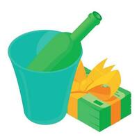 Drink delivery icon isometric vector. Champagne bottle in bucket and dollar bill vector