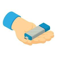 Data store icon isometric vector. Metal portable white flash drive in human hand vector