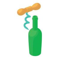 Wine production icon isometric vector. Corkscrew near opened green glass bottle vector