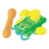 Wine making icon isometric vector. Corkscrew for wine bottle and stack of money vector