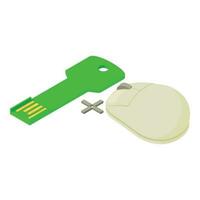 New device icon isometric vector. Key form usb flash drive plus computer mouse vector