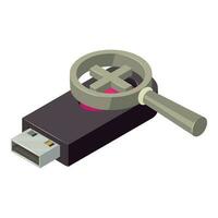 Pendrive icon isometric vector. New portable flash drive and magnifying glass vector