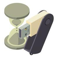 Storage device icon isometric vector. Metal portable flash drive near hourglass vector