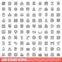 100 conjunto de iconos de estudio, estilo de contorno vector