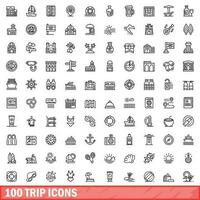 100 trip icons set, outline style vector