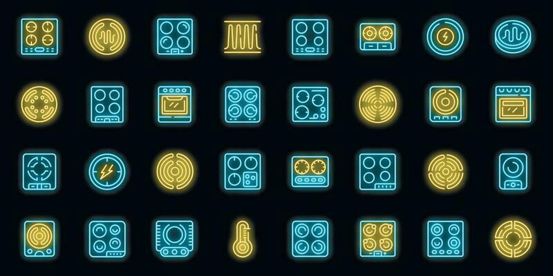Induction cooker icons set vector neon