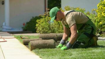 Man Installing New Lawn In Garden. video