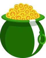 Vector illustration of green shiny pot filled with gold coin. Realistic element.