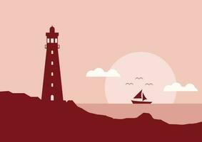 view of the lighthouse on the seashore with sunset or sunrise flat design vector illustration